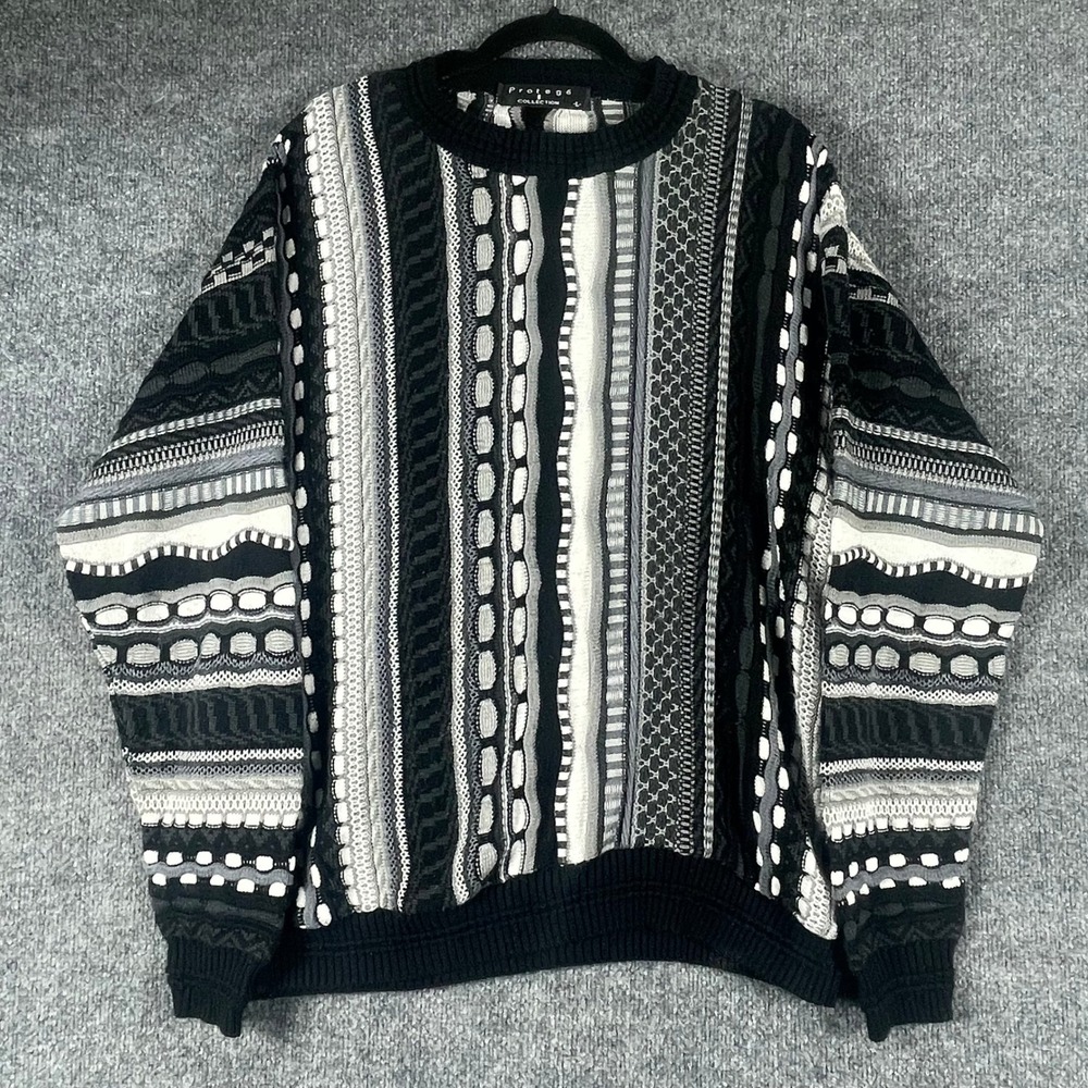 VTG Protege Sweater Mens Large Black 3D Knit Retro 90s Abstract Coogi Hip Hop